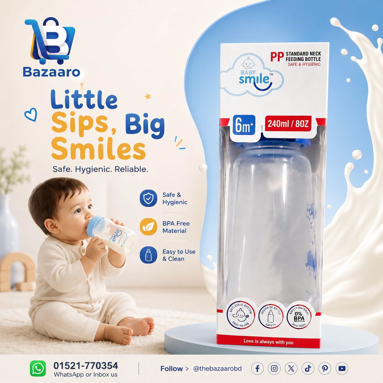 Baby Smile PP Standard Neck Feeding Bottle 240ml (Safe & Hygienic) -1pcs